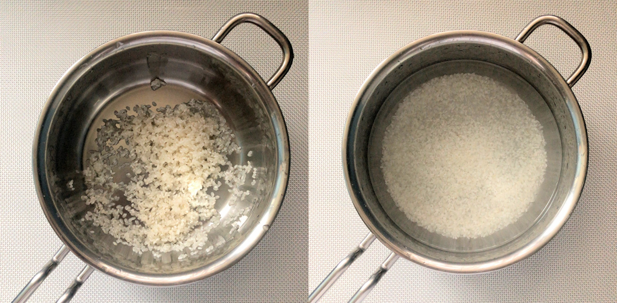 鍋に米と水を入れた画像